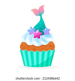 Cartoon cupcake icon. Illustration of birthday cupcake decorated with mermaid tail and star sprinkles. Vector 10 EPS.