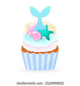 Cartoon cupcake icon. Illustration of birthday sweet muffin decorated with mermaid tail, sea shells, sea stars and pearl sprinkles. Vector 10 EPS.
