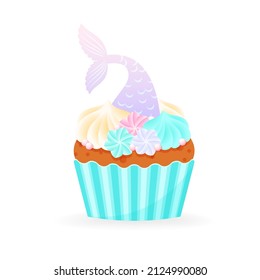 Cartoon cupcake icon. Illustration of birthday sweet muffin decorated with cream and mermaid tail. Vector 10 EPS.