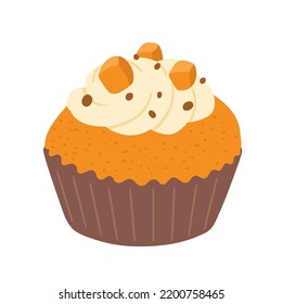 Cartoon Cupcake Icon Isolated On White Background. Pumpkin Pie Or Muffin Hand Drawn Vector Illustration