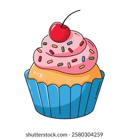 Cartoon cupcake icon vector illustration. Cute cupcake design with frosting and sprinkles, perfect for dessert, bakery, or sweet themed graphics.