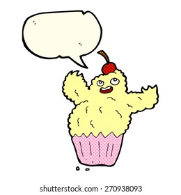 cartoon cupcake monster with speech bubble