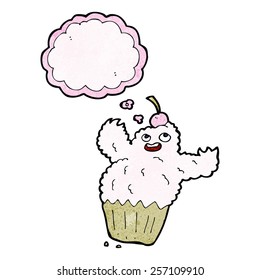 cartoon cupcake monster with thought bubble