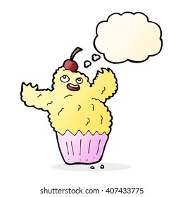 cartoon cupcake monster with thought bubble