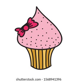 Cartoon cupcake with pink bow. Vector illustration