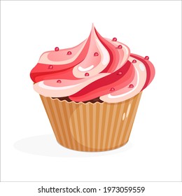 Cartoon cupcake with pink cream. Vector illustration of delicious muffin isolated on white background. Food, baking and sweets concept.