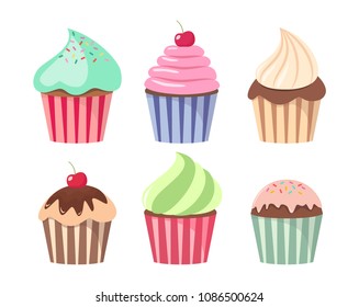 Cartoon cupcake set. Colorful cupcakes cartoons.