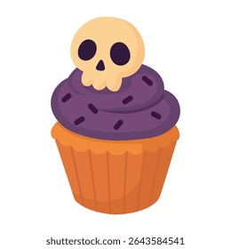 Cartoon cupcake with skull topping and purple cream. Flat vector illustration on white background.