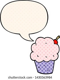 cartoon cupcake with speech bubble in comic book style
