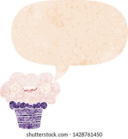 cartoon cupcake with speech bubble in grunge distressed retro textured style