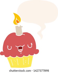 Cartoon Cupcake mit Sprachblase im Retro-Stil