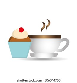 cartoon cupcake sweet with cup coffee hot icon graphic vector illustration