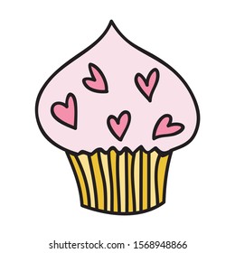Cartoon cupcake with sweet hearts. Vector illustration