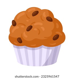 Atractivo de caricatura. Muffin de pastelería dulce, delicioso postre de vainilla con chip de chocolate ilustración vectorial plana