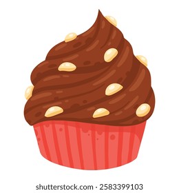 Cartoon cupcake. Sweet pastry vanilla and chocolate muffins, delicious dessert with chocolate chip flat vector illustration. Tasty cupcake on white background.