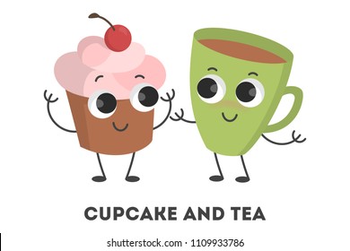 Cartoon cupcake and tea cup together on white.