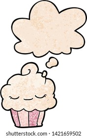 cartoon cupcake with thought bubble in grunge texture style