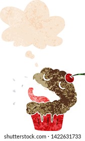 quequitos de dibujos animados con burbuja de pensamiento en un estilo retro angustiado con texturas estrafalarias