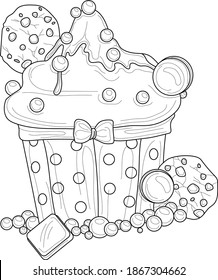 Cartoon cupcakes with cookies, macaroon and sprinkles sketch temlpate. Vector illustration in black and white for games, background, pattern, decor. Print for fabrics. Coloring paper, page, story book