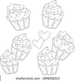 Cartoon cupcakes with cream frosting and hearts sketch template set. St. Valentines day vector illustartion in black and white for games, background, pattern, decor. Coloring paper, page, story book. 