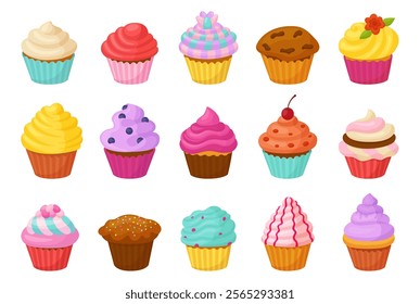 Cartoon cupcakes. Different sweet cupcake with creamy hats and decorations. Bakery desserts, chocolate vanilla berry muffins, neoteric vector set