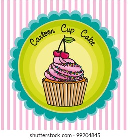cartoon cupcakes label over background lines, vector illustration