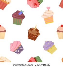 cartoon cupcakes pattern. sweet yummy delicious cartoon muffins cupcakes chocolate vanilla sugar cookies celebration attribuites ollection. vector cartoon items seamless pattern.