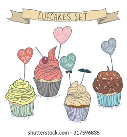 Cartoon cupcakes set for family. Vector Illustration in hand drawn style. Colorful cute cupcakes isolated on white