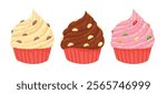 Cartoon cupcakes. Sweet pastry vanilla and chocolate muffins, delicious dessert with chocolate chip flat vector illustration. Tasty cupcakes on white background.