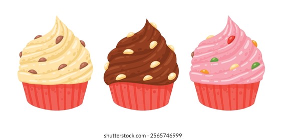 Cartoon cupcakes. Sweet pastry vanilla and chocolate muffins, delicious dessert with chocolate chip flat vector illustration. Tasty cupcakes on white background.