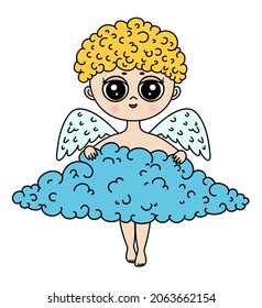 Cartoon cupid angel. Funny little angel icon. Valentine's Day character. Cartoon amur flying, cloud. Baby amur Valentines day heart hunter. Smilind cupid boy holding cloud.