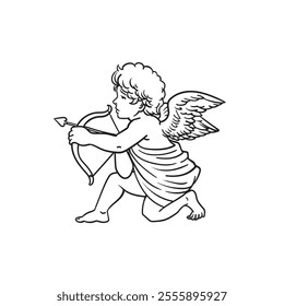 cartoon cupid angel shooting arrow , black and white outline, Shooting Arrow, Hand Drawn with Outline in Retro, vector illustration.