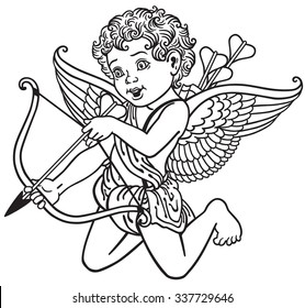 Cartoon Cupid Angel Shooting Arrow , Black And White Outline Image