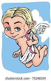 Cartoon cupid with bow and wings. Blue sky behind