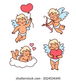 Cartoon cupid character collection. Angel heart. Amour flying set. Icon cherub flat sketch. Romantic white wing. Arrow love bow, cute background. Little baby. Vector illustration. 