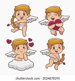 Cartoon cupid character collection. Angel heart. Amour flying set. Icon cherub flat sketch. Romantic white wing.  Arrow love bow, cute background. Little baby. Vector illustration. 