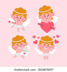 Cartoon cupid character collection. Angel heart. Amour flying set. Icon cherub flat sketch. Romantic white wing.  Arrow love bow, cute background. Little baby. Vector illustration. 