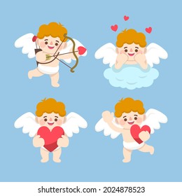 Cartoon cupid character collection. Angel heart. Amour flying set. Icon cherub flat sketch. Romantic white wing.  Arrow love bow, cute background. Little baby. Vector illustration. 