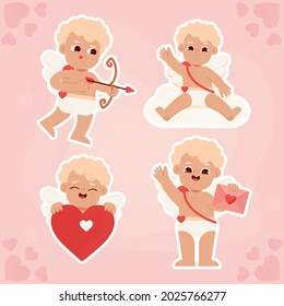 Cartoon cupid character collection. Angel heart. Amour flying set. Icon cherub flat sketch. Romantic white wing.  Arrow love bow, cute background. Little baby. Vector illustration. 