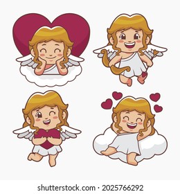 Cartoon cupid character collection. Angel heart. Amour flying set. Icon cherub flat sketch. Romantic white wing.  Arrow love bow, cute background. Little baby. Vector illustration. 