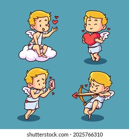 Cartoon cupid character collection. Angel heart. Amour flying set. Icon cherub flat sketch. Romantic white wing.  Arrow love bow, cute background. Little baby. Vector illustration. 