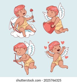 Cartoon cupid character collection. Angel heart. Amour flying set. Icon cherub flat sketch. Romantic white wing.  Arrow love bow, cute background. Little baby. Vector illustration. 