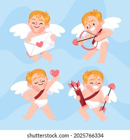 Cartoon cupid character collection. Angel heart. Amour flying set. Icon cherub flat sketch. Romantic white wing.  Arrow love bow, cute background. Little baby. Vector illustration. 