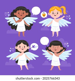 Cartoon cupid character collection. Angel heart. Amour flying set. Icon cherub flat sketch. Romantic white wing.  Arrow love bow, cute background. Little baby. Vector illustration. 