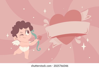 Cartoon cupid character collection. Angel heart. Amour flying set. Icon cherub flat sketch. Romantic white wing.  Arrow love bow, cute background. Little baby. Vector illustration. 