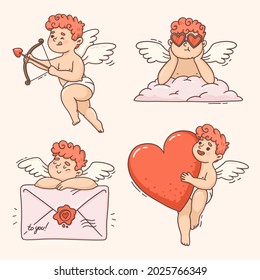 Cartoon cupid character collection. Angel heart. Amour flying set. Icon cherub flat sketch. Romantic white wing.  Arrow love bow, cute background. Little baby. Vector illustration. 