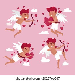 Cartoon cupid character collection. Angel heart. Amour flying set. Icon cherub flat sketch. Romantic white wing.  Arrow love bow, cute background. Little baby. Vector illustration. 