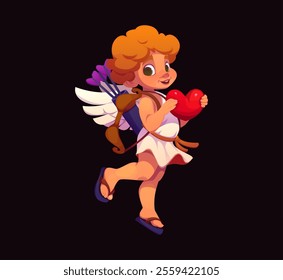 Cartoon cupid character holding heart symbol with wings, bow and arrows conveying love and romance for Valentines Day holiday celebration, cute angel with playful expression exudes joy and affection