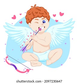 Cartoon cupid with hearts. Little child with wings