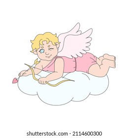 Cartoon Cupid auf einer Wolke. Farbige Vektorgrafik zum Valentinstag. Amor einzeln auf weißem Hintergrund